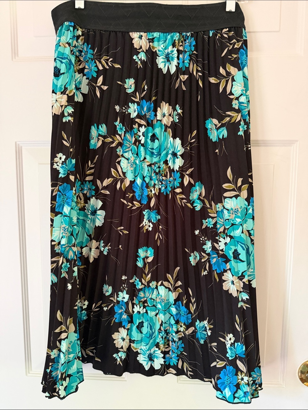 LuLaRoe Black Midi Skirt with Teal Turquoise and Cream Floral Print